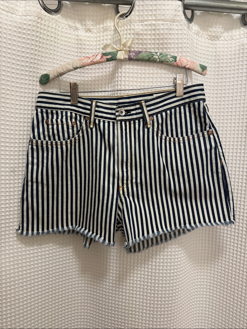 rag & bone Navy and White Striped High-Rise Denim Shorts